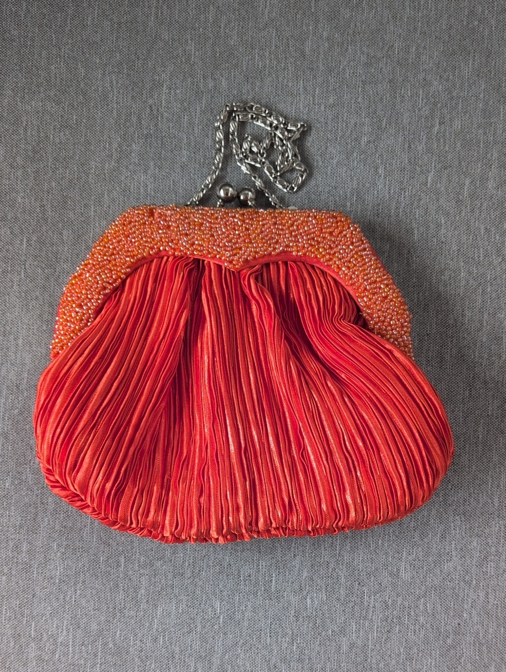 Orange Pleated Evening Clutch with Beaded Frame